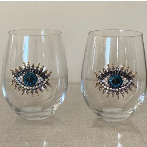 Rachel Zoe Other - ! Rachel Zoe 2 Pc Jewel Rhinestone Hamsa Evil Eye Stemless Wine Glasses